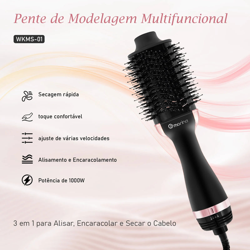 Escova Elétrica 3 em 1 – Chapinha, Modelador e Secador Profissional para Cabelo
