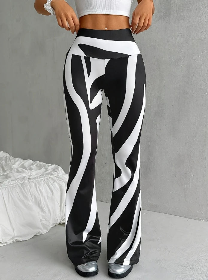 Calça Feminina Boca de Sino Estampada – Cintura Alta, Justa ao Corpo, Estilo Casual e Fashion