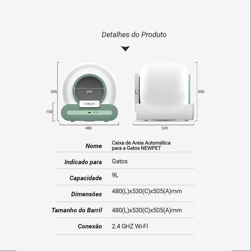 Caixa de Areia Automática Inteligente Newpet para Gatos – 65L, Autolimpante com Controle via App, Desodorizador Iônico
