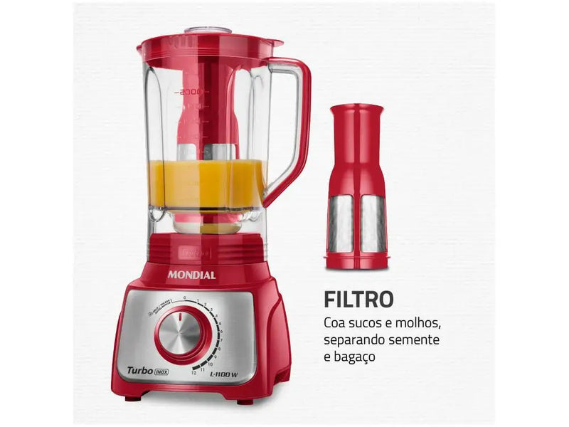 Liquidificador Mondial Turbo L-1100 RI Red - 1100W, Aço Inox, 12 Velocidades com Filtro - 220V
