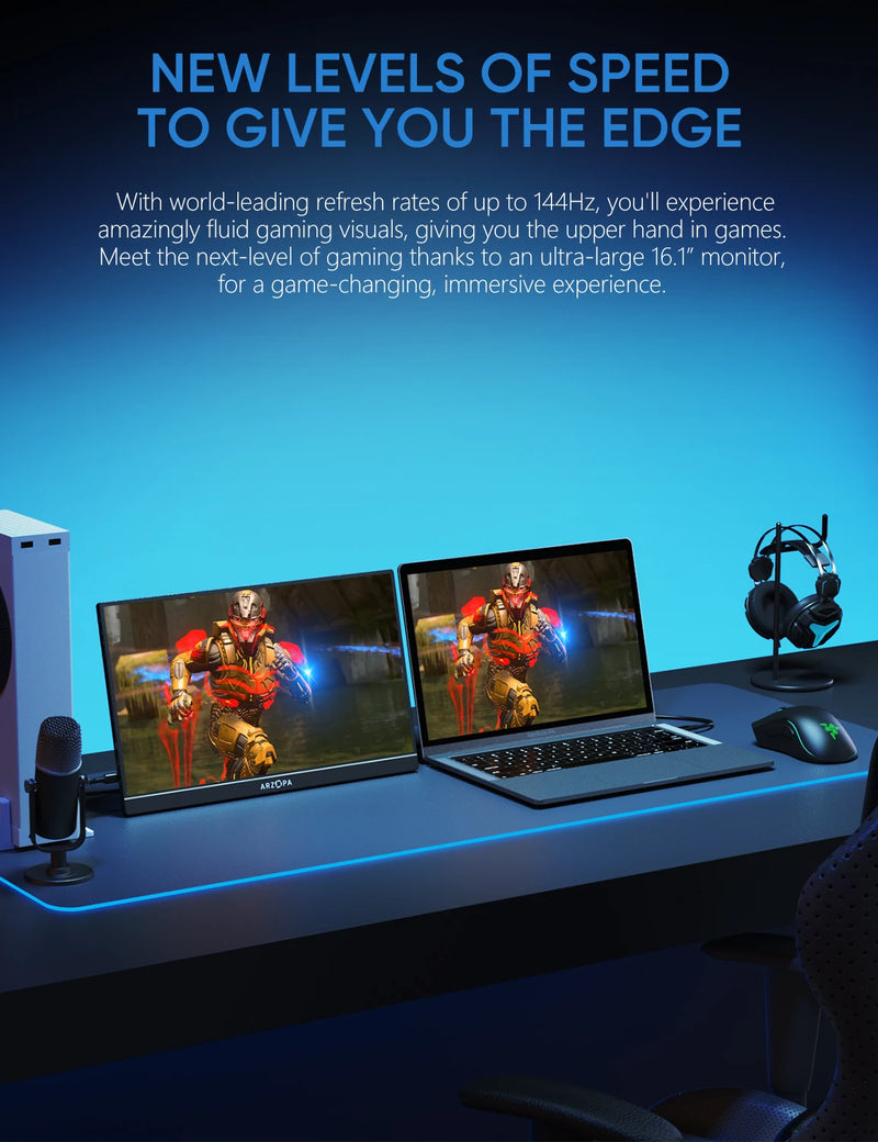 ARZOPA 16.1'' 144hz 100%sRGB 1080P FHD Portable Gaming Monitor 300Cd/m² HDR Second Screen for Switch,Xbox,PS5,Laptop,Mac Z1FC