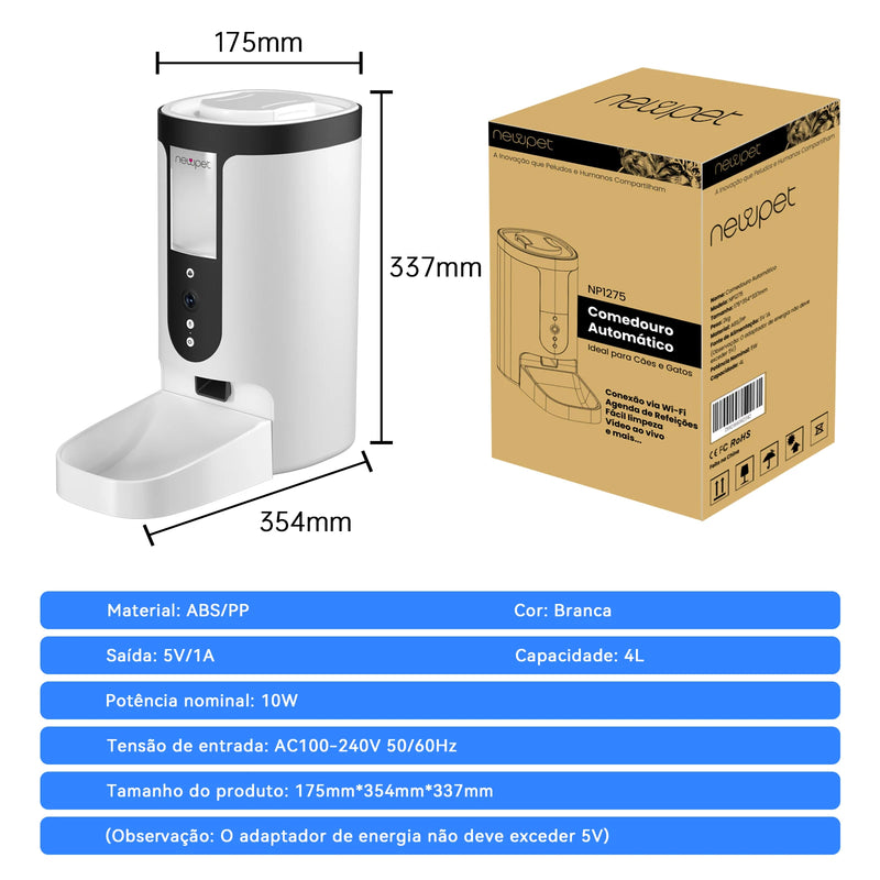 Novo alimentador automático para gatos Newpet 4L, tigela inteligente para pets com APP, câmera, controle remoto, tigelas grandes para cães, dispensador de ração para gatos.