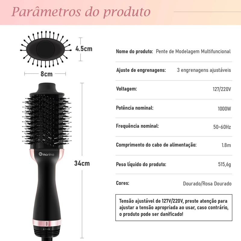 Escova Elétrica 3 em 1 – Chapinha, Modelador e Secador Profissional para Cabelo