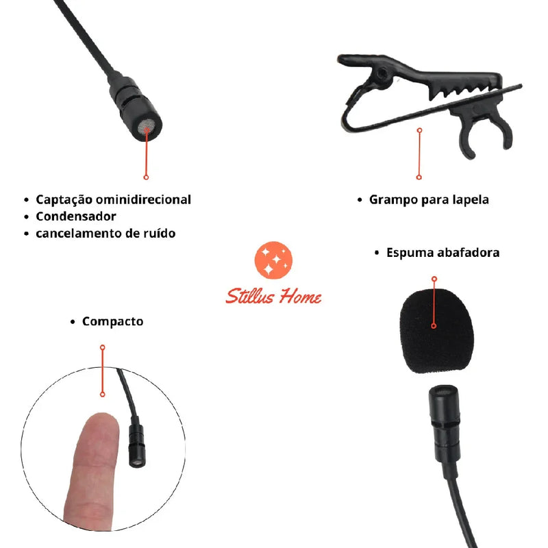 **Microfone de Lapela Condensador com Espuma Isolante – Captação Profissional e Redução de Ruído**