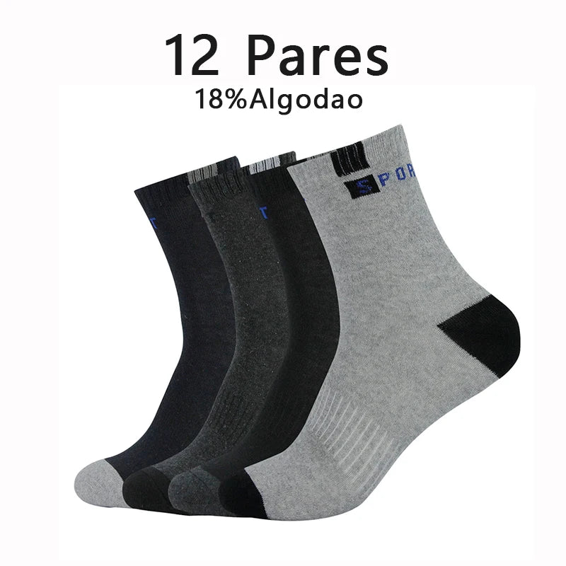 12 Pares de Meias Masculinas de Algodão – Respiráveis, com Algodão, Cano Médio, Esportivas, Verão, Secagem Rápida