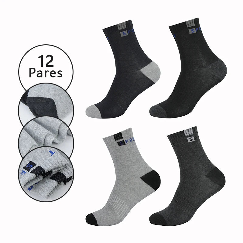12 Pares de Meias Masculinas de Algodão – Respiráveis, com Algodão, Cano Médio, Esportivas, Verão, Secagem Rápida