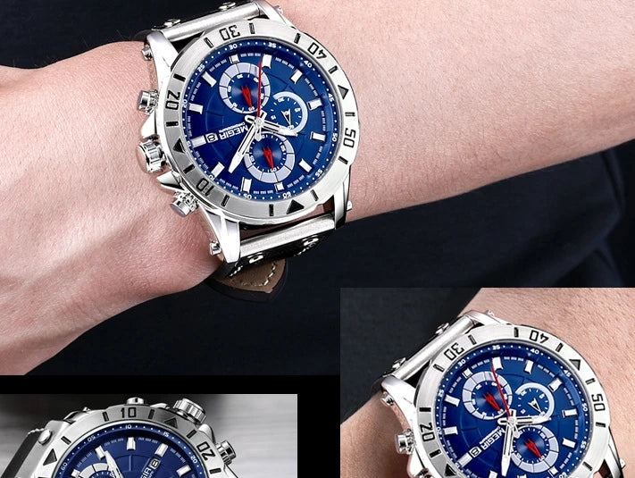 Relógio Masculino Quartz Esportivo com Três Olhos, Cronômetro, Pulseira de Couro