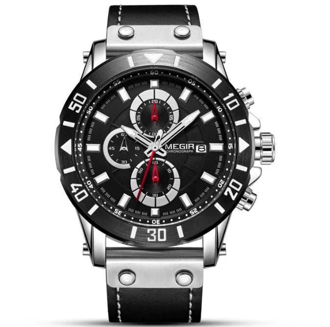 Relógio Masculino Quartz Esportivo com Três Olhos, Cronômetro, Pulseira de Couro