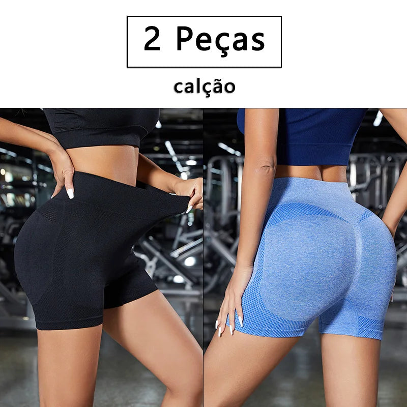 2 Peças, Calças Legging Femininas para Yoga com Controle de Barriga e Glúteos, Cintura Alta, Shorts de Academia para Corrida