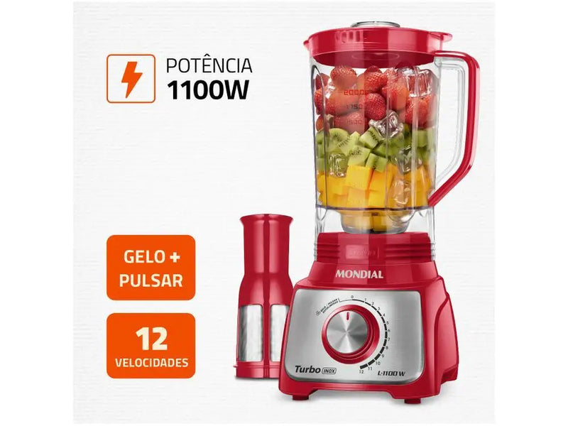Liquidificador Mondial Turbo L-1100 RI Red - 1100W, Aço Inox, 12 Velocidades com Filtro - 220V