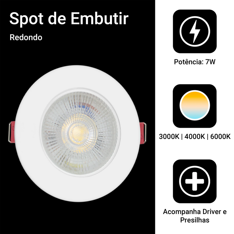 Kit com 10 Spots LED Embutir Direcionáveis 7W – Luz Branca (Fria / Neutra / Quente)